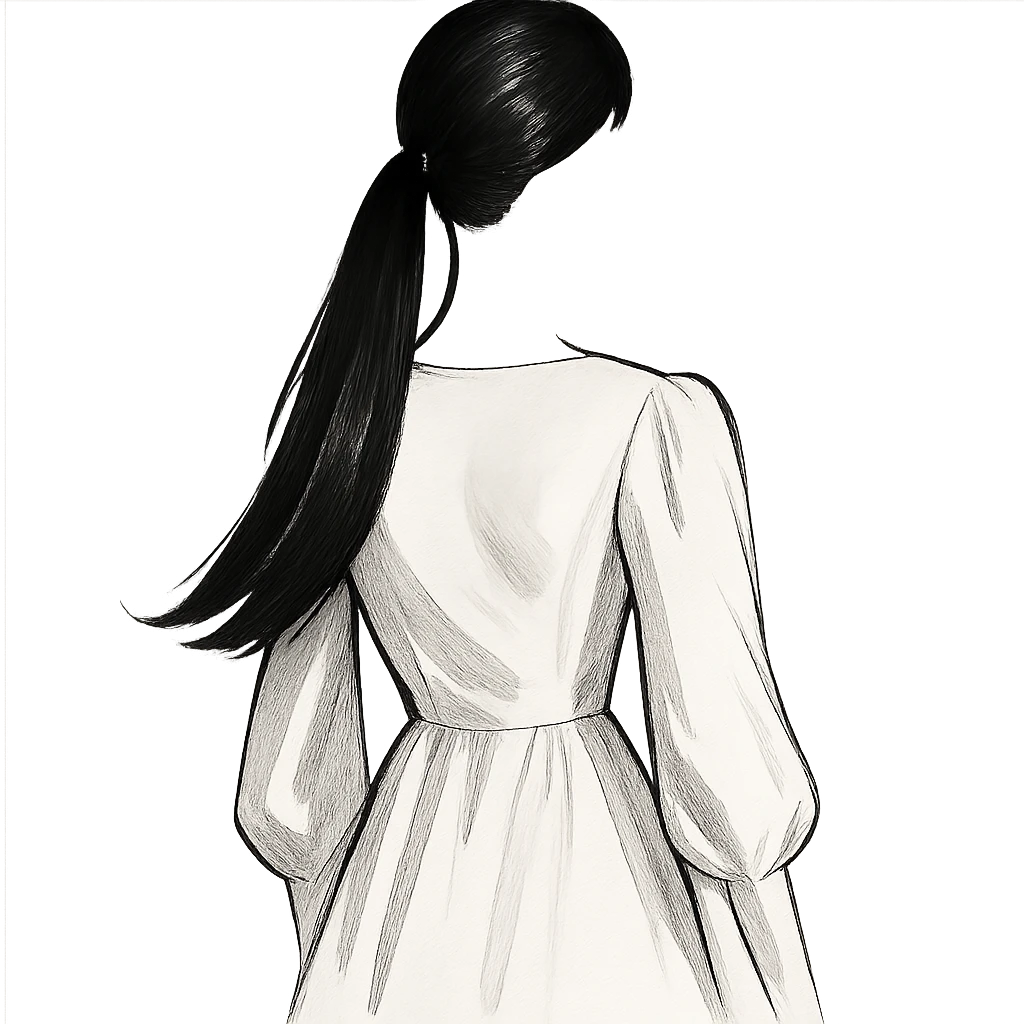 black sleek ponytail, no head, white dress with sleeves, fashion illustration style emoji