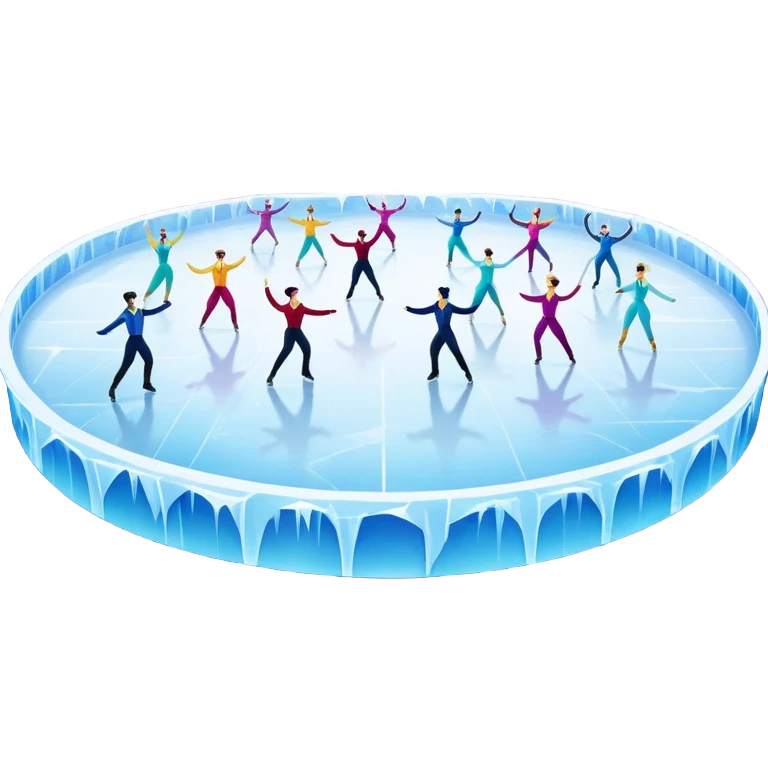 An icon of a theatrical ice show with costumed figure skaters performing a dramatic scene on a glowing ice stage. Spotlights, colorful scenery, and a cheering audience in a grand arena convey the magic and artistry of the ice performance. Transparent background included. emoji