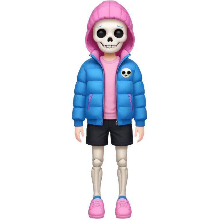 A skeleton with a white shirt blue puffer black shorts and pink slippers emoji
