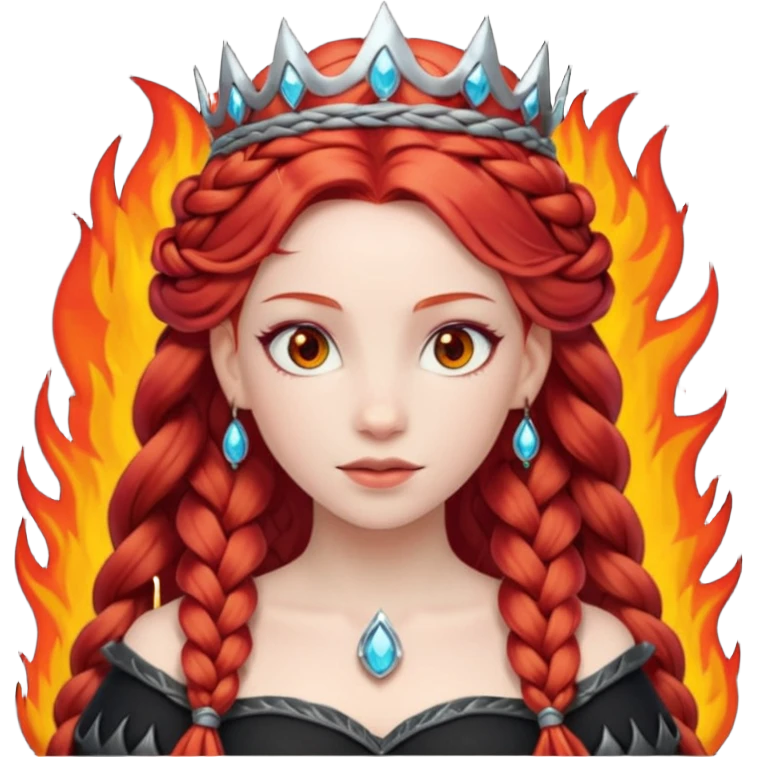 braided hair fire princess with dark crown, red hair emoji