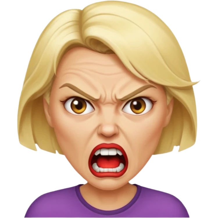 Angry blonde middle aged woman with a mad mouth emoji