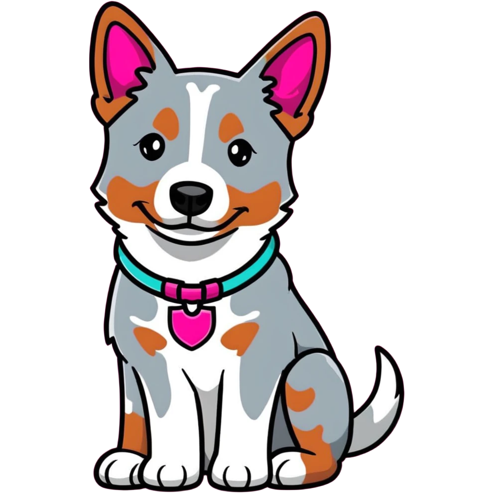 Red heeler cattle dog sitting down facing forward, with a bright pink collar emoji