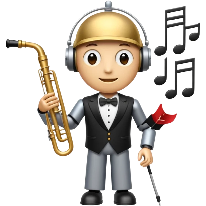 robot a sophisticated and elegant emoji that represents orchestration and arrangement. The design should feature a conductor’s baton, musical notes, and a symphonic score, symbolizing the process of arranging and orchestrating music. Incorporate instruments like a violin, trumpet, emoji