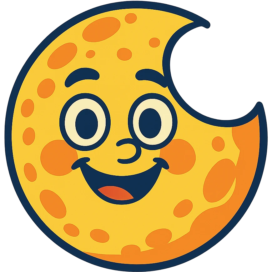 gibbous moon with a happy face, bold colors, expressive emoji