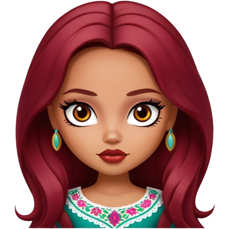 pretty bratz girl, long dark red hair,  mexican, brown eyes, black eyeliner, mexican skin emoji