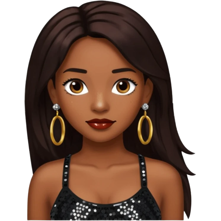 Chilli from TLC with long dark brown hair, black sequin crop top, black earring emoji