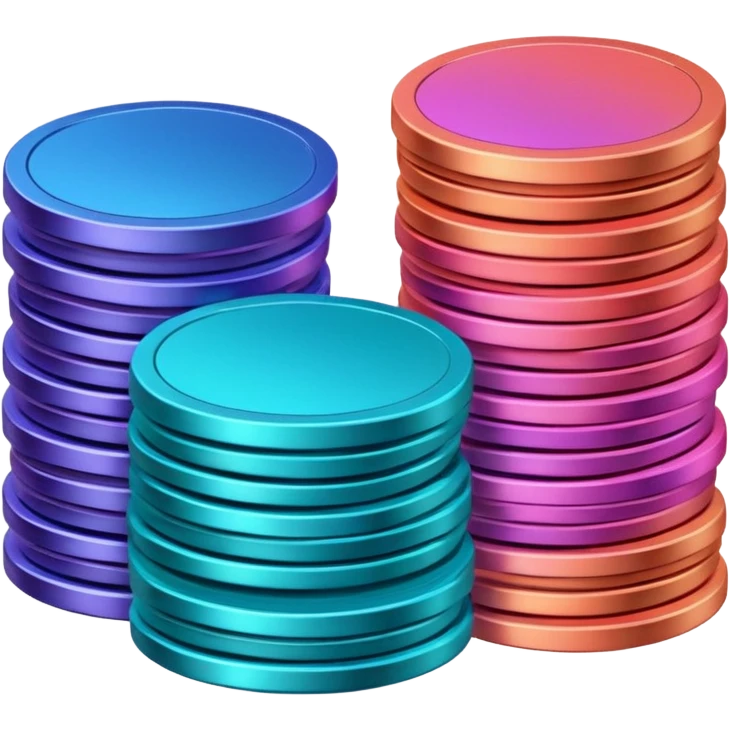 Many Coins pack stack
in gradient of turquoise, blue, pink, purple, and coral
 emoji