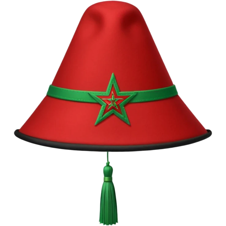Red Moroccan fez hat with a flat top, straight sides, a green five-pointed star on the front, and a thin black tassel hanging from the right side. emoji