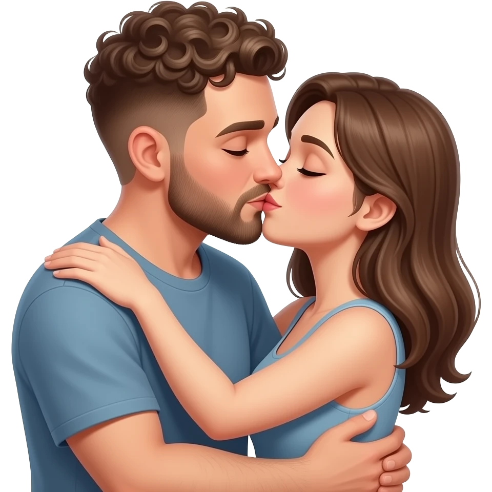 Realistic white man super short curly brown hair with beard kissing passionately and hugging realistic white girl brown hair emoji