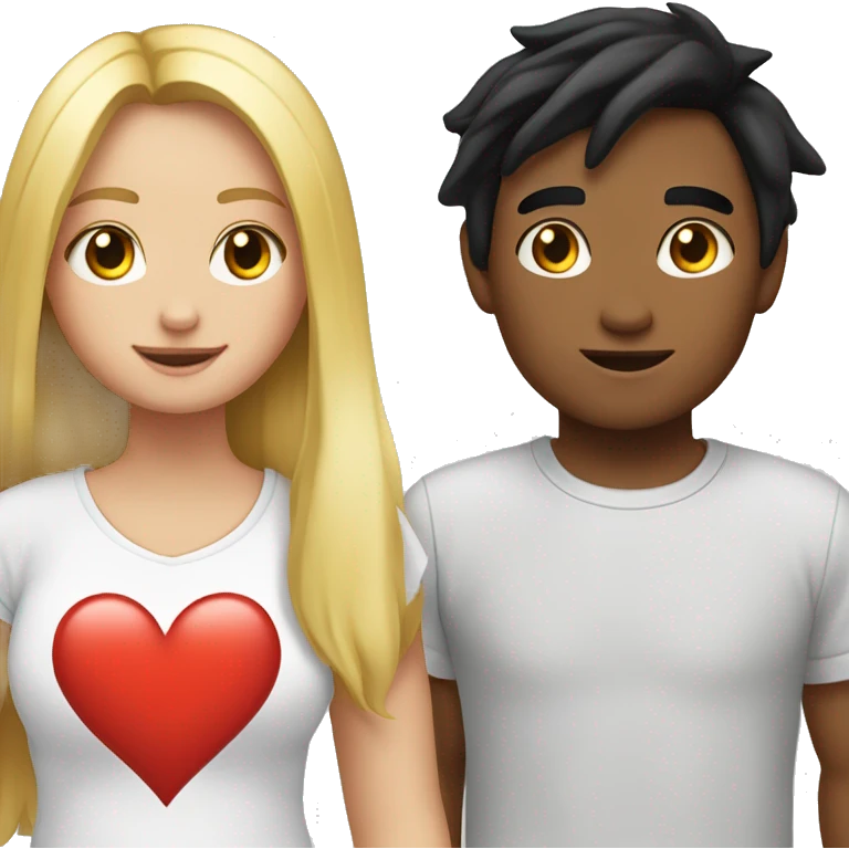 An emoji of a young girl with long blonde hair standing next to her boyfriend, who has black hair and fair skin. A heart symbol is between them, and the boy's T-shirt features a lightning bolt symbol emoji