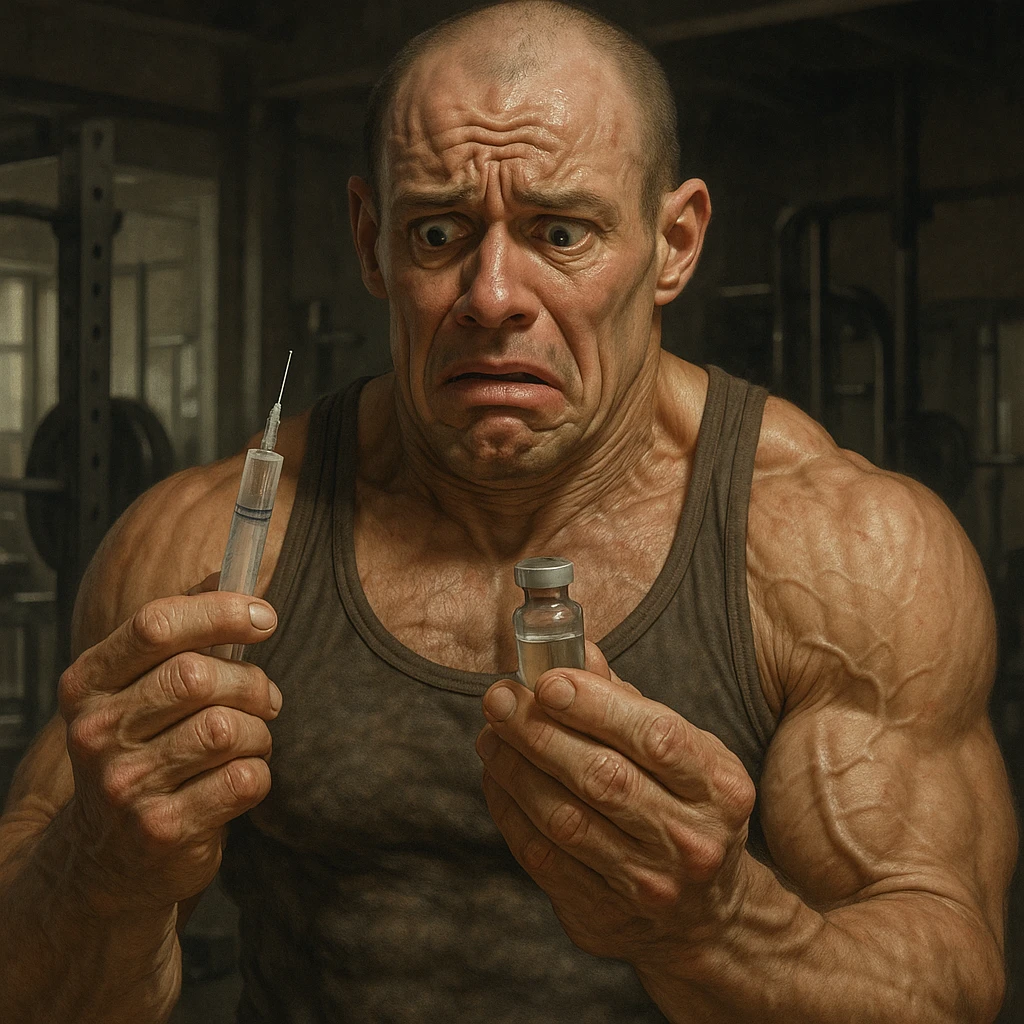  bodybuilder che si fa prendere dalla paura e fa cavolate, come una fiala ogni 2 settimane finisce che sopprimi comunque l'HPT ma senza alcun risultato visibile, iperealistica emoji