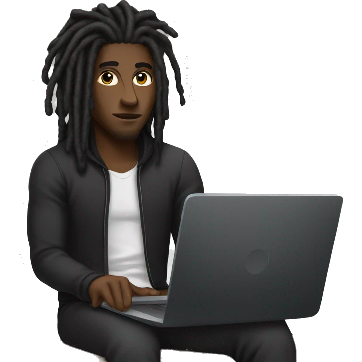 Black-guy-with-dreads-wearing-black-trackstuit-sitting-down-on-chair facing-foward-focused-on-laptop-computer- emoji