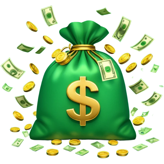 

3D emoji style, big bag of money, flying dollar bills, rich casino vibe, smooth lighting, high detail, clean edges, transparent background



 emoji