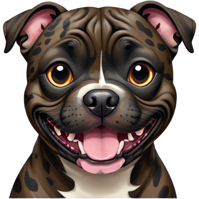 Cinematic Comical Black/Brindle Staffordshire Bull Terrier Portrait Emoji, Head tilted dramatically with an exaggeratedly amused expression, featuring a striking Fur with bold black and brindle patterns, wide, expressive dark eyes filled with playful disbelief, Simplified yet hilariously expressive features, highly detailed, glowing with a slightly sassy glow, high shine, dramatic yet playful, stylized with an air of cheeky mischief, bright and endearing, soft glowing outline, capturing the essence of a spirited and over-the-top guardian, so meme-worthy it feels like it could side-eye its way into internet fame instantly! emoji