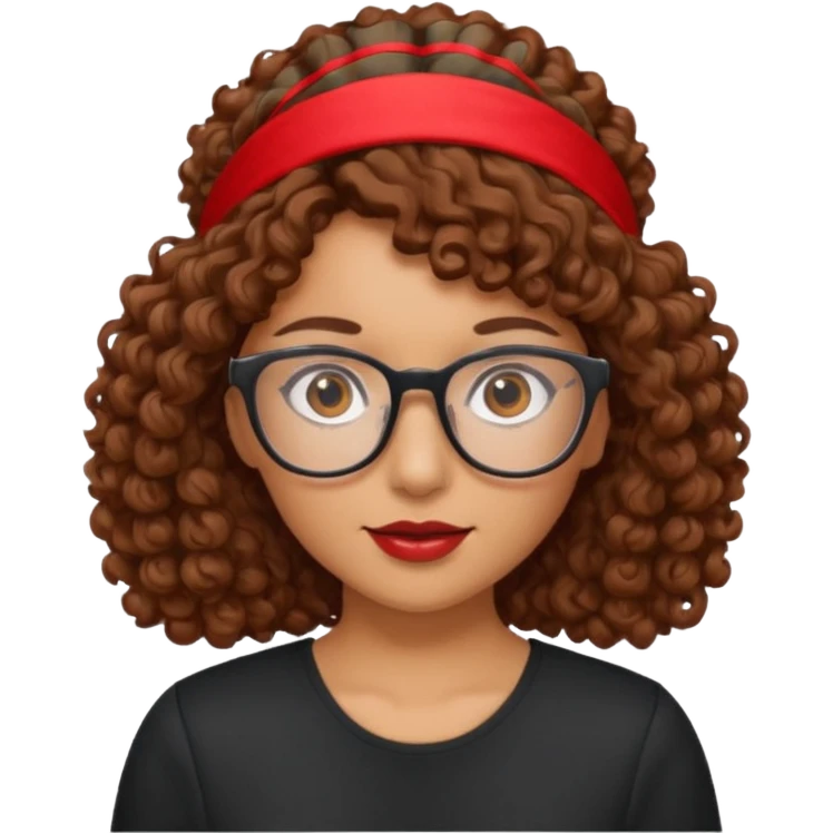 Mujer de piel canela, pelo marron y rizado, lentes y una cinta roja en la frente  emoji