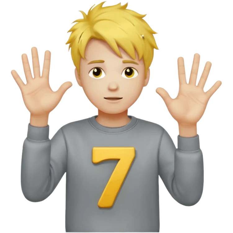 Make a guy in a grey sweatshirt and yellow messy hair hold his hands out one hand holding 6 the other holding 7 emoji
