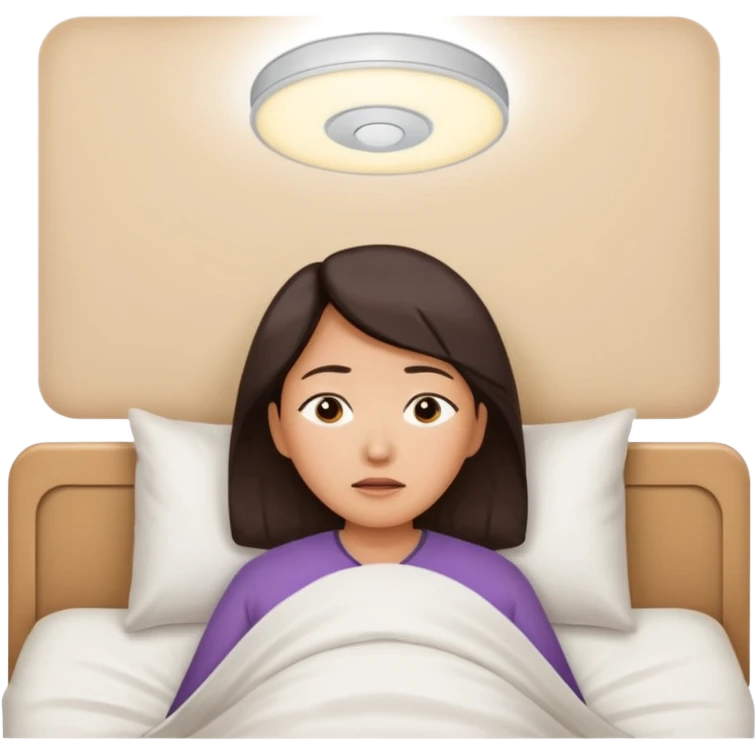 A middle-aged Asian woman lying in bed, unable to sleep emoji
