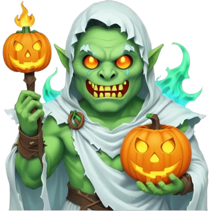 male orc warrior ghost emoji, green skin, tusks, wearing torn white ghost sheet costume, holding glowing jack-o'-lantern, faint blue aura, friendly but spooky expression, Halloween fantasy theme, Apple emoji style, clean white background, square emoji