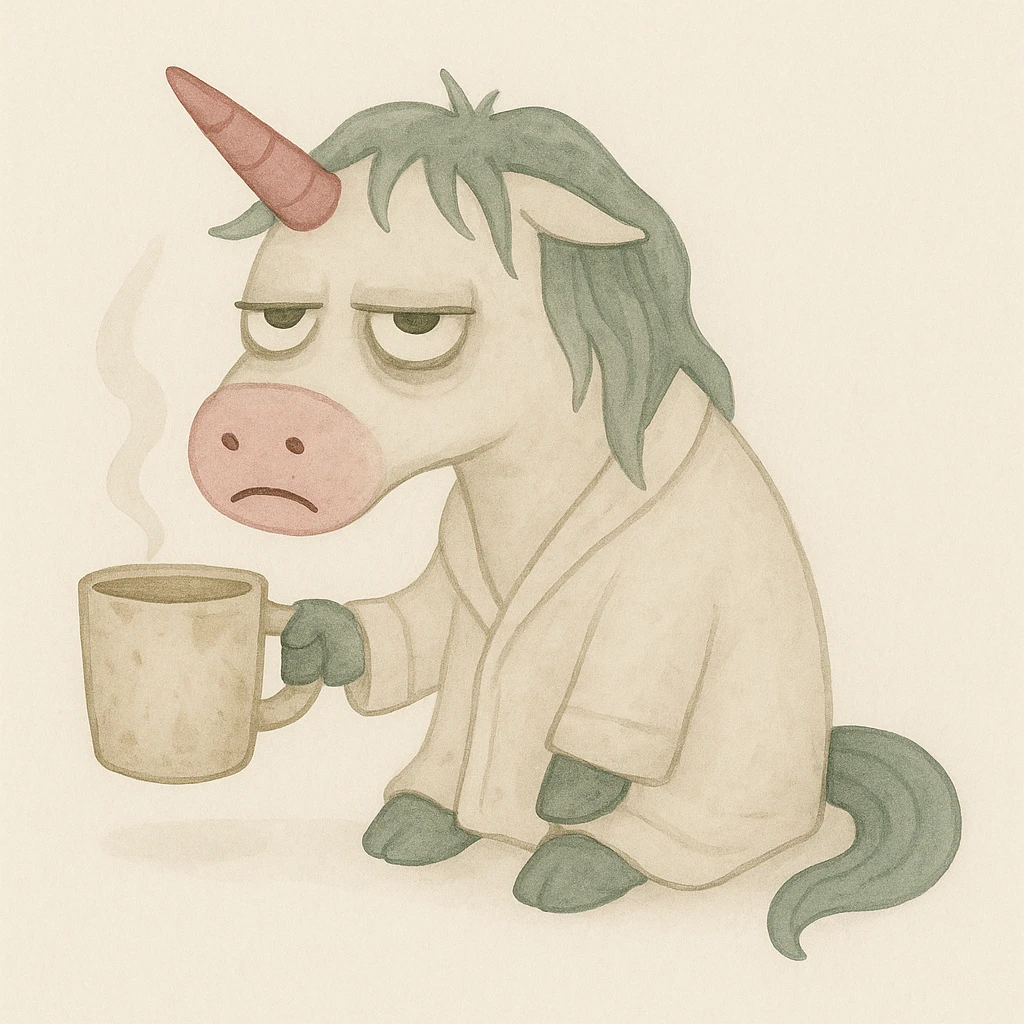 Add a rumpled bathrobe to the unicorn, keep the painterly watercolor style, unicorn remains disgusting and rumpled with bags under his eyes, a drooping horn, and a dirty coffee cup. emoji
