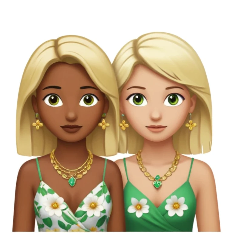 There will be two young women. One with dark brown skin, brown eyes, blonde hair, wearing a lot of necklaces and earrings. The other woman with green eyes, white skin, blonde hair, wearing a necklace and earrings, both wearing flowery dresses. emoji