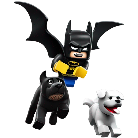Lego Batman riding a Black lab chasing Superman  emoji