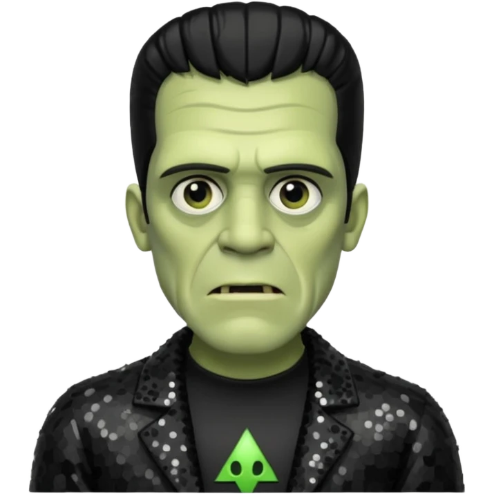 Frankenstein from Universal Monsters with pale greenish skin, black hair, black sequin outfit emoji