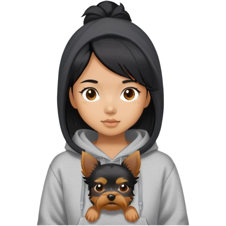 a black-haired asian girl wearing a grey hoodie with a yorkie  emoji