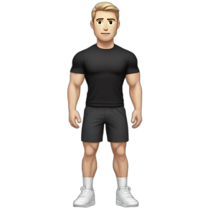 Pale skinned Fit Man With the biceps and dark brown hair in black shirt, gray sports shorts and white Sneakers His right hand near his back of the head emoji