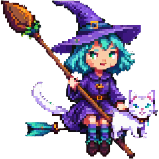witch on a broomstick with a cat familiar emoji