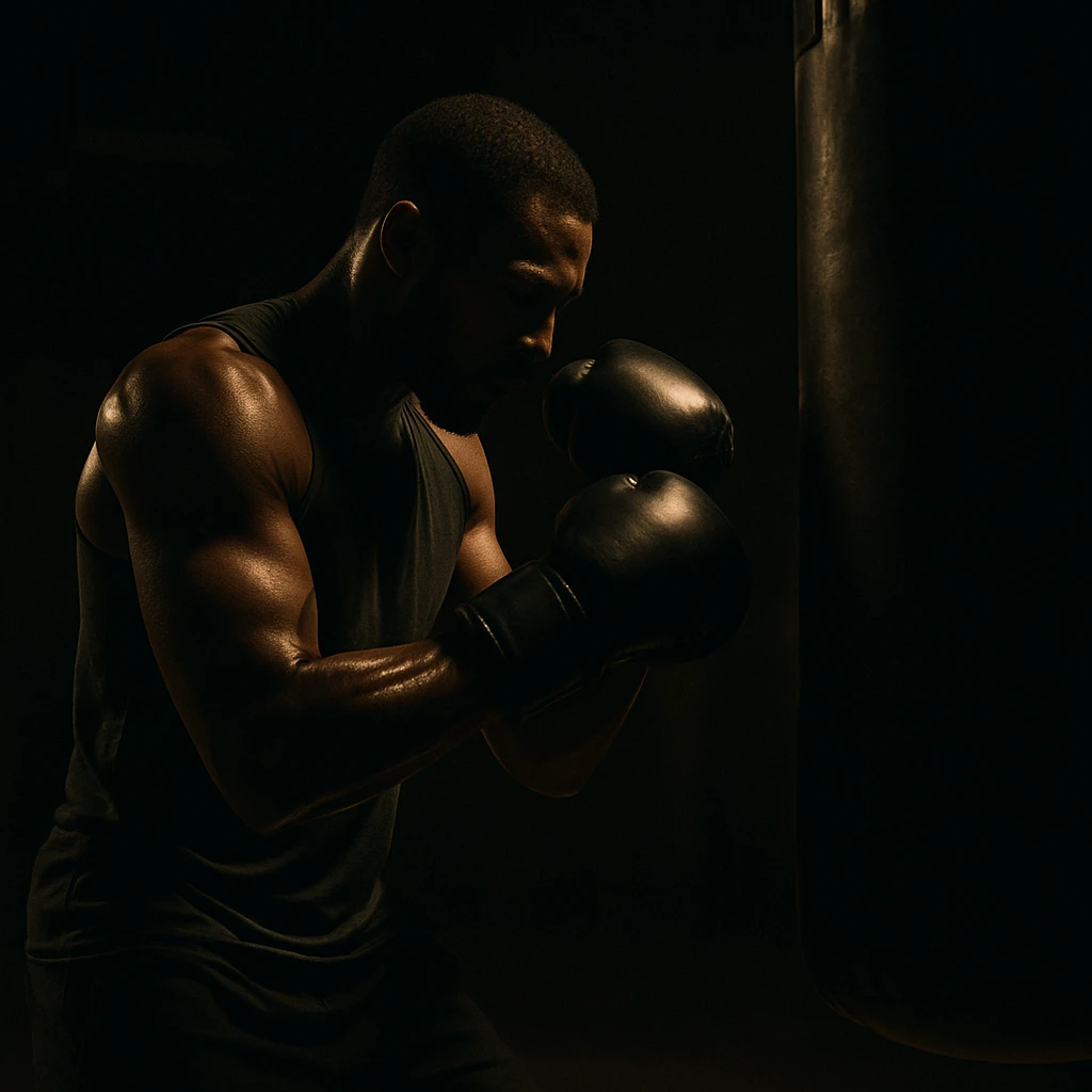 a figure training in the dark, with cinematic and moody lighting emoji