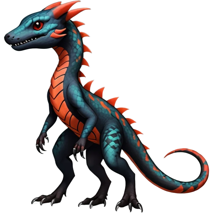 Rare realistic exotic edgy warm-colored dark gothic cool badass epic pretty beautiful handsome gorgeous aesthetic colorful vibrant Vernid-Trico-species-Fakemon-Salandit-hybrid-creature by LiLaiRa, 4 legs, 1 tail, random markings, (full body) emoji