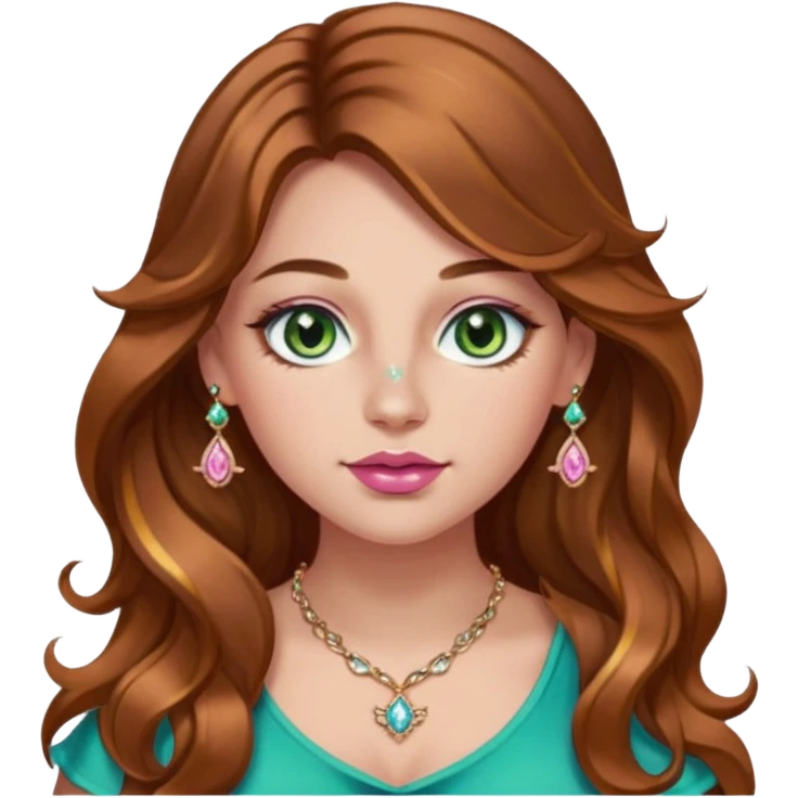 Girl girl long wavy brown hair with caramel highlights, green/blue/gold eyes, plus size, pink girly top, right nostril rose gold nose ring with diamonds embedded emoji