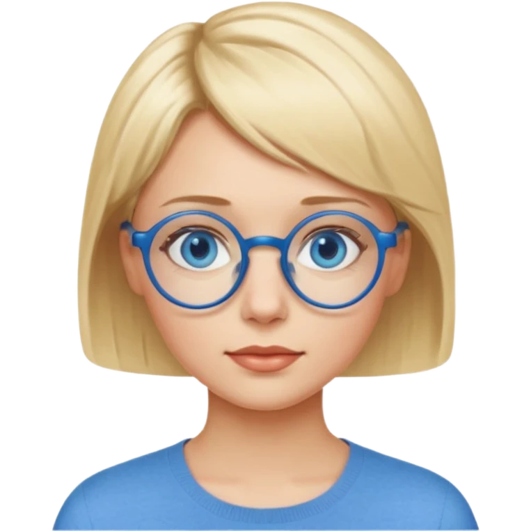 woman with short blonde haire, blue eyes and blue round glasses emoji