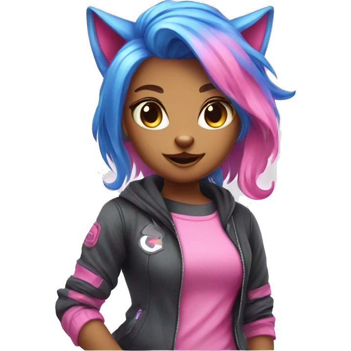 blue pink hair gamer cat girl saying GG emoji