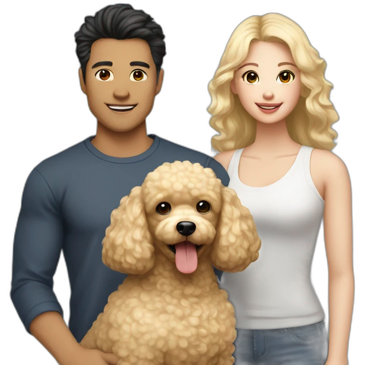 A Family consisting of 1 asian man with dark eyes and hair and 1 white blonde girl with pale skin and 1 fluffy brown toy poodle emoji