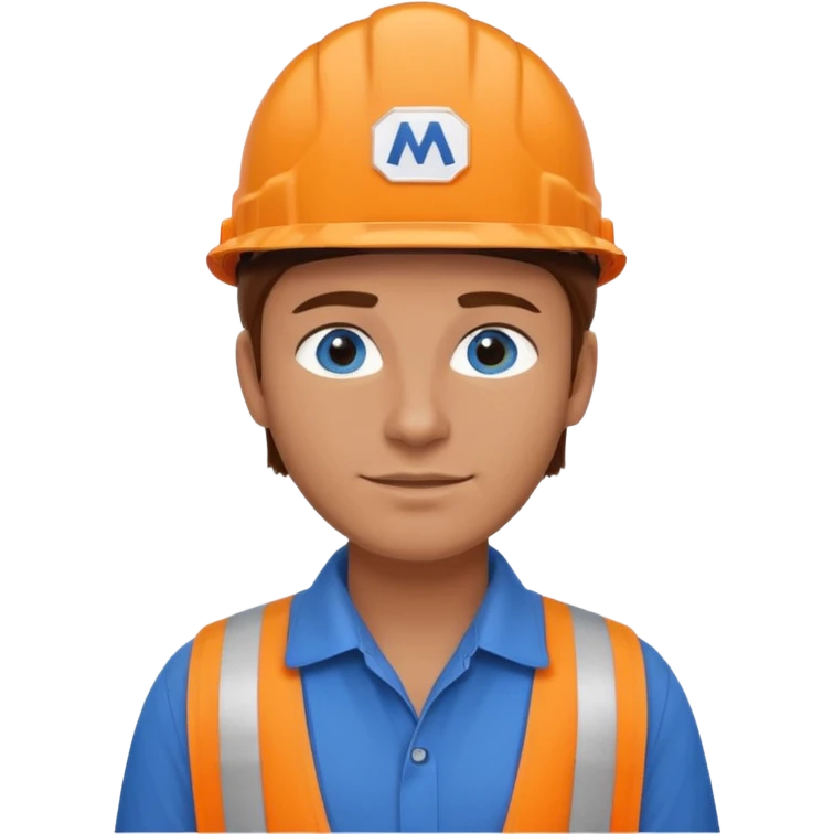 Blue collar worker with brown hair and blue eyes wearing a blue collar shirt with a michelin logo on the shirt and an orange hard hat emoji