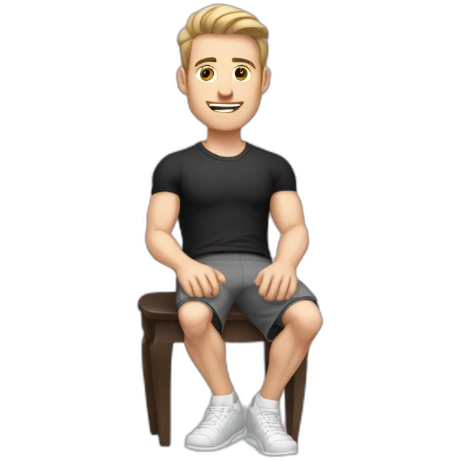 Pale skinned Fit Man With the biceps and dark brown hair in black shirt, gray sports shorts and white Sneakers Sitting on a chair emoji
