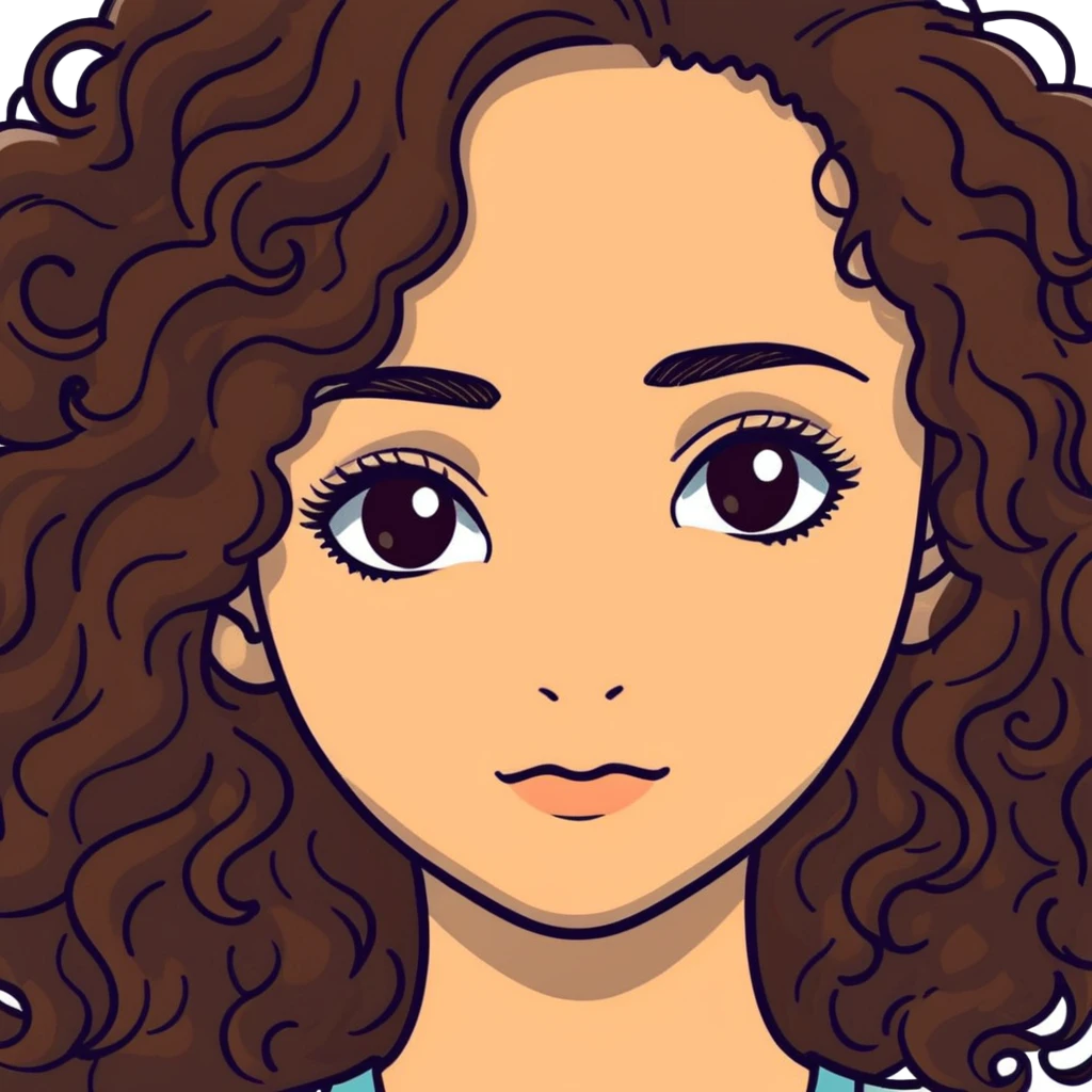 20-year-old woman with long curly brown hair, small hazel eyes, long eyelashes emoji
