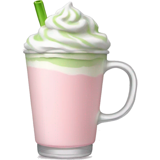 Clear cup with light pink drink, matcha foam, and whip cream on top emoji