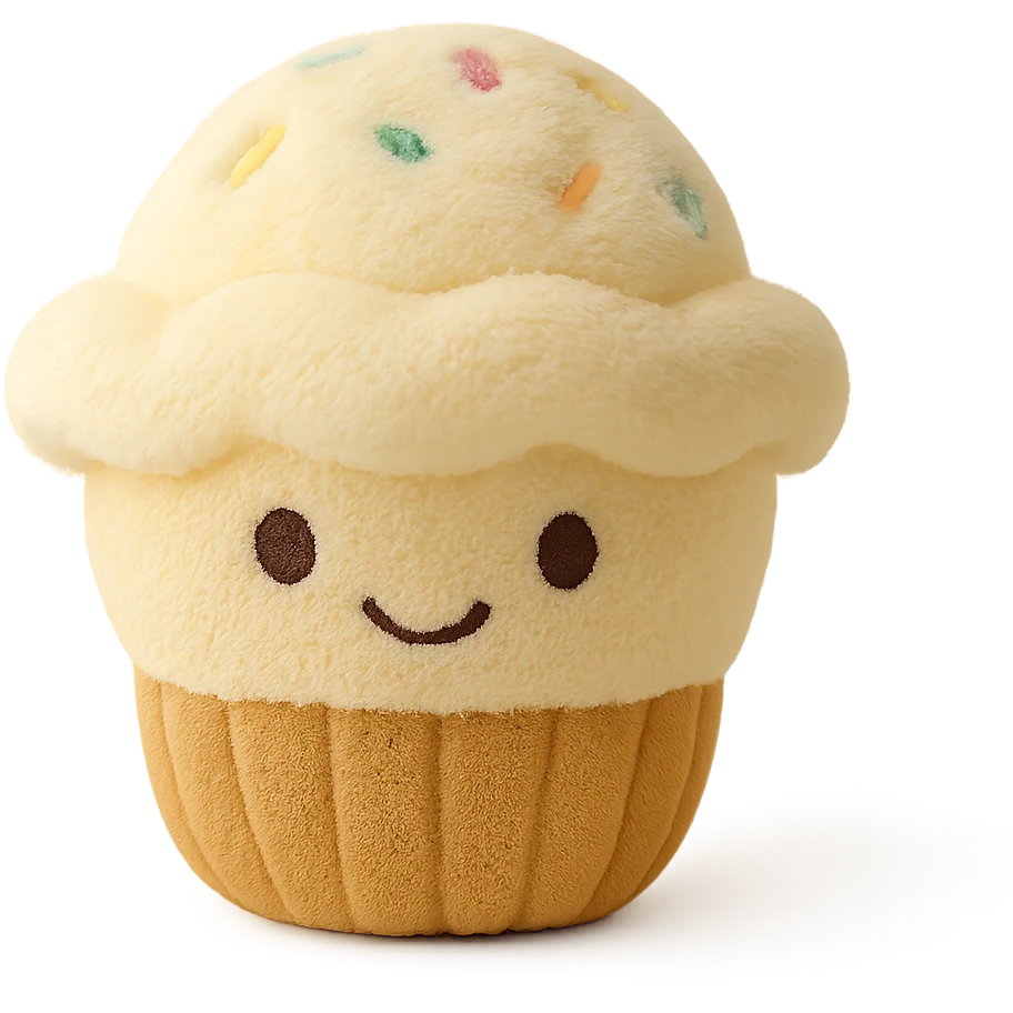 A plush cupcake with soft fabric frosting, embroidered sprinkles, and a happy face stitched onto the front emoji