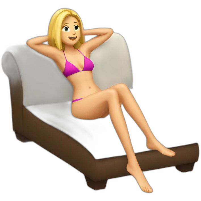 Soft-fit Caucasian woman bikini abs (hands-in-hair pose) (full body) couch emoji