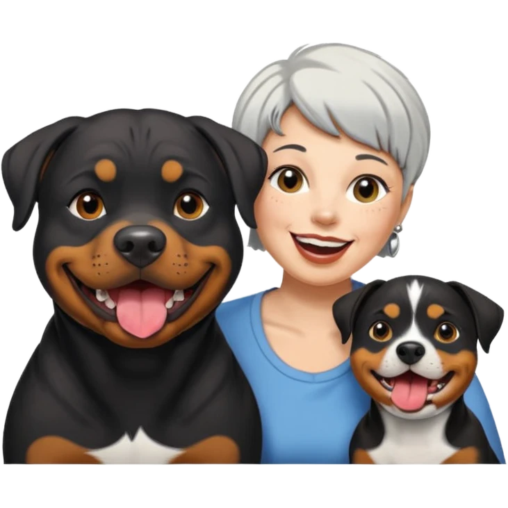 Pitt bull rottweiler white muzzle with black spots tongue out next to one older woman with short silver hair emoji