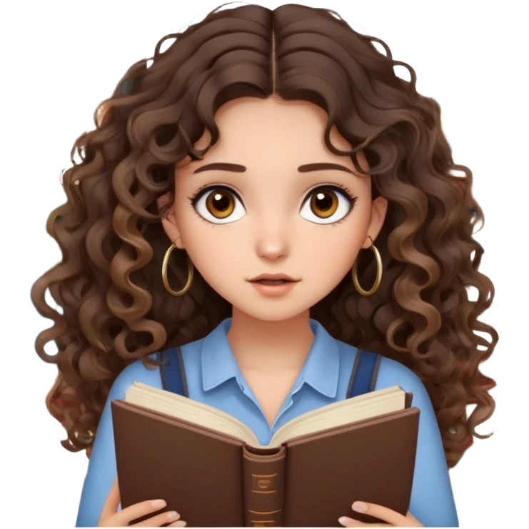 cute girl long brunette balayage curly/wavy not voluminous hair, brown eyes, hoop earrings, natural pretty clean makeup: desperate and shocked surrounded by books because she’s studying for her exams emoji