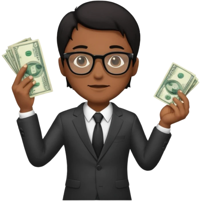 Rich man holding money with his left hand, wearing suit and glasses black hair, brown skin emoji