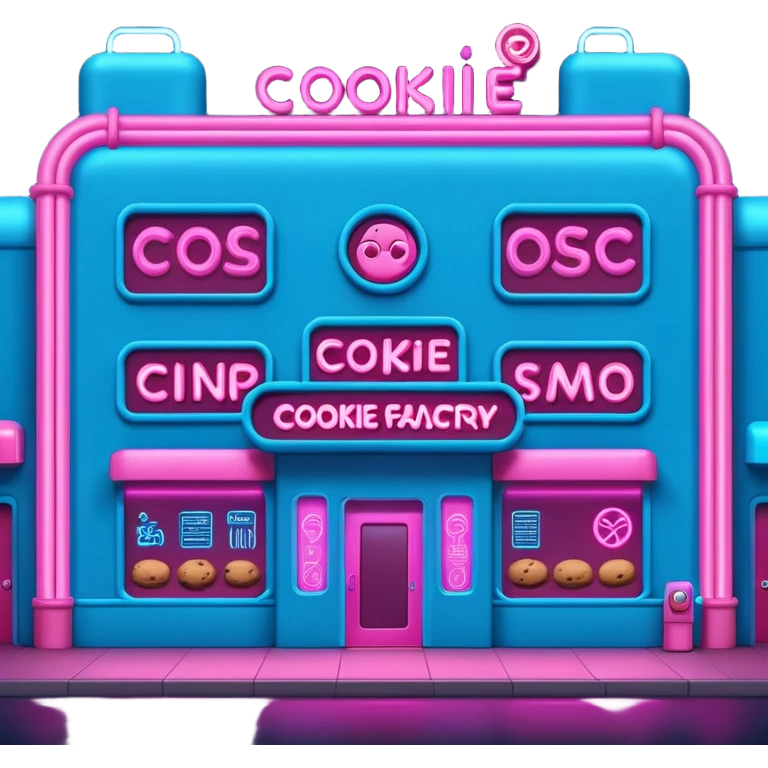 Exterior of a cyberpunk cookie factory, neon lights outlining the building, laser beams scanning the entrance, glowing pipes in electric blue and pink wrapping the facade, emoji-style emoji