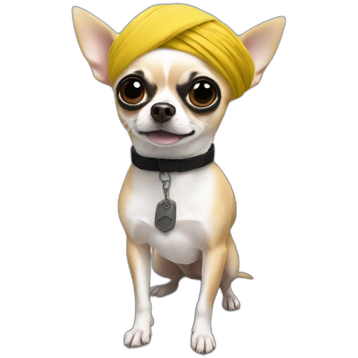 chihuahua on a military tank with a white turban, a black flag on his arm, emoji