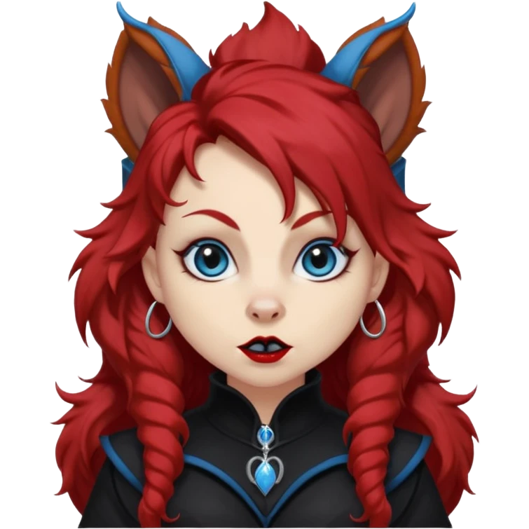  long super curly blood red hair (darker), red pointed squirrel ears with black trim, black goth outfits, body and face human, blue eyes, more pointy chin, black lipstick, one big fluffy red squirrel tail with black tips, close her mouth, less evil looking emoji