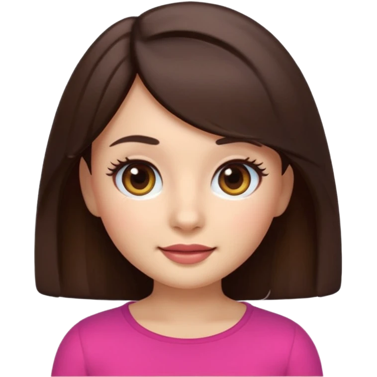 3D emoji sticker of a cute girl, Apple Memoji style, dark brown hair, brown eyes, long eyelash extensions, soft facial features, clean white background, smooth lighting, high quality, cute and friendly expression emoji