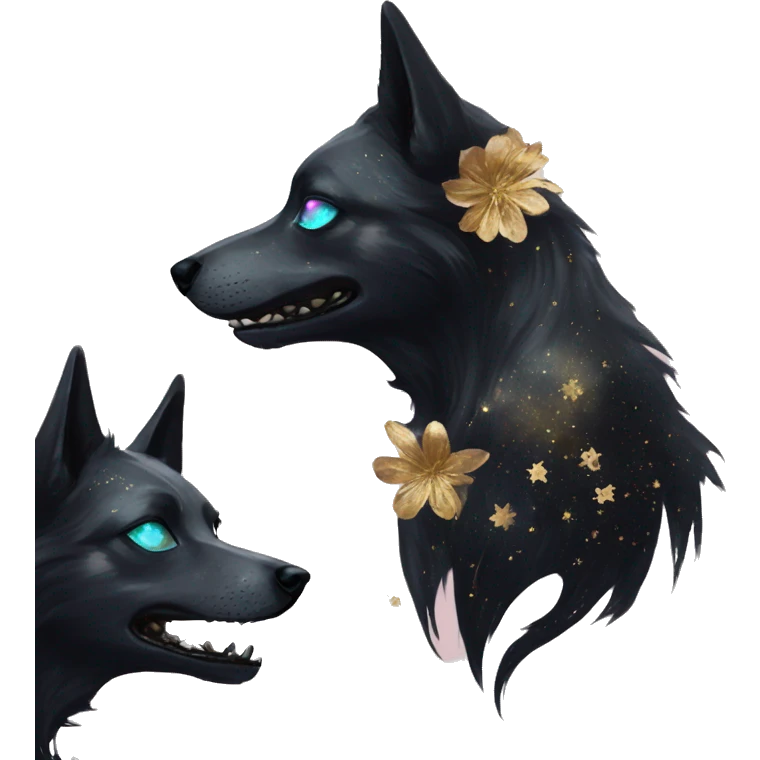 Black iridescent dog fox zombie skeleton gold mechanical nebula galaxy stars flowers fairy lights vintage emoji