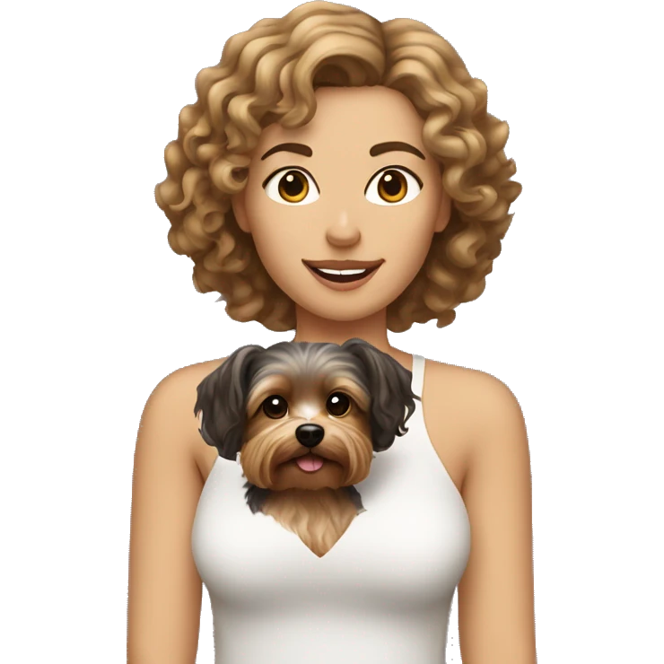 white women with curly medium length brunette hair, holding a yorkie dog emoji